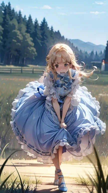 Lovely young woman、  pull the skirt,  low angle，upskirt, blond with a big face、  light blue dress、long skirt、heel、Strong winds、wind lift,  anime style on the face、embarrassed face、Prairie with a nice view