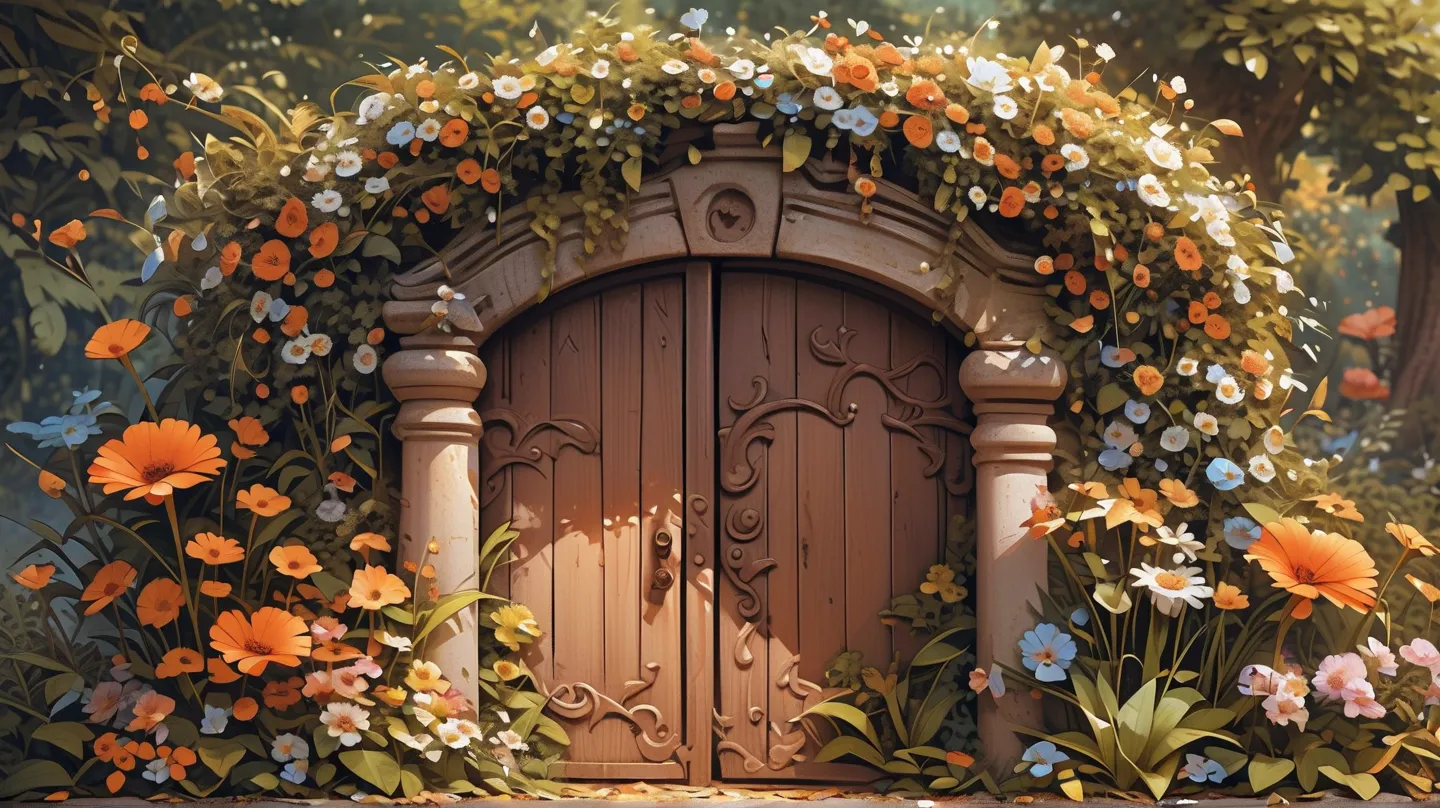 A wooden gate full of flowers and plants, a gate leading into a mythical forest