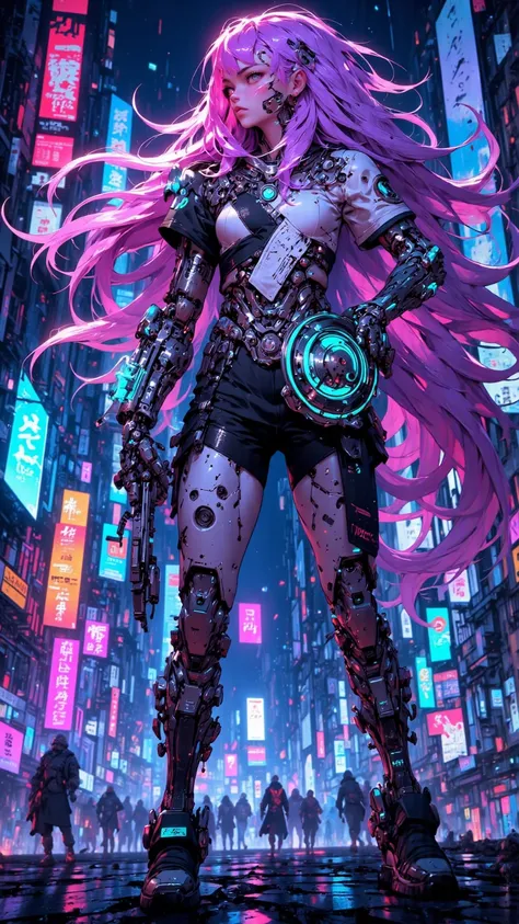 Half Robot Girl Full Body Purple White Gradient Hair Color，Super Fine Face Texture，big eyes，Flowing Long Hair， dynamic pose ，Cyberpunk City，細緻glow耳機， Tech Earrings ，glow髮飾，Long Hair Dye，glow耳環、Luminous Necklace、Mechanical lines、The Most Beautiful Woman of ...