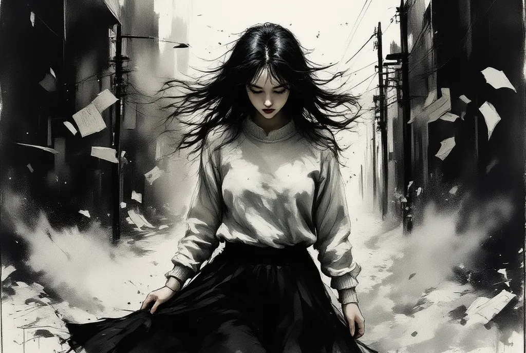 {{A ((raw and expressive)) depiction of {an 18-year-old girl struggling to walk against a ferocious windstorm, her long black hair whipping violently, wearing a white sweater and a long black skirt}}} with {((her hands gripping the skirt tightly as it lift...