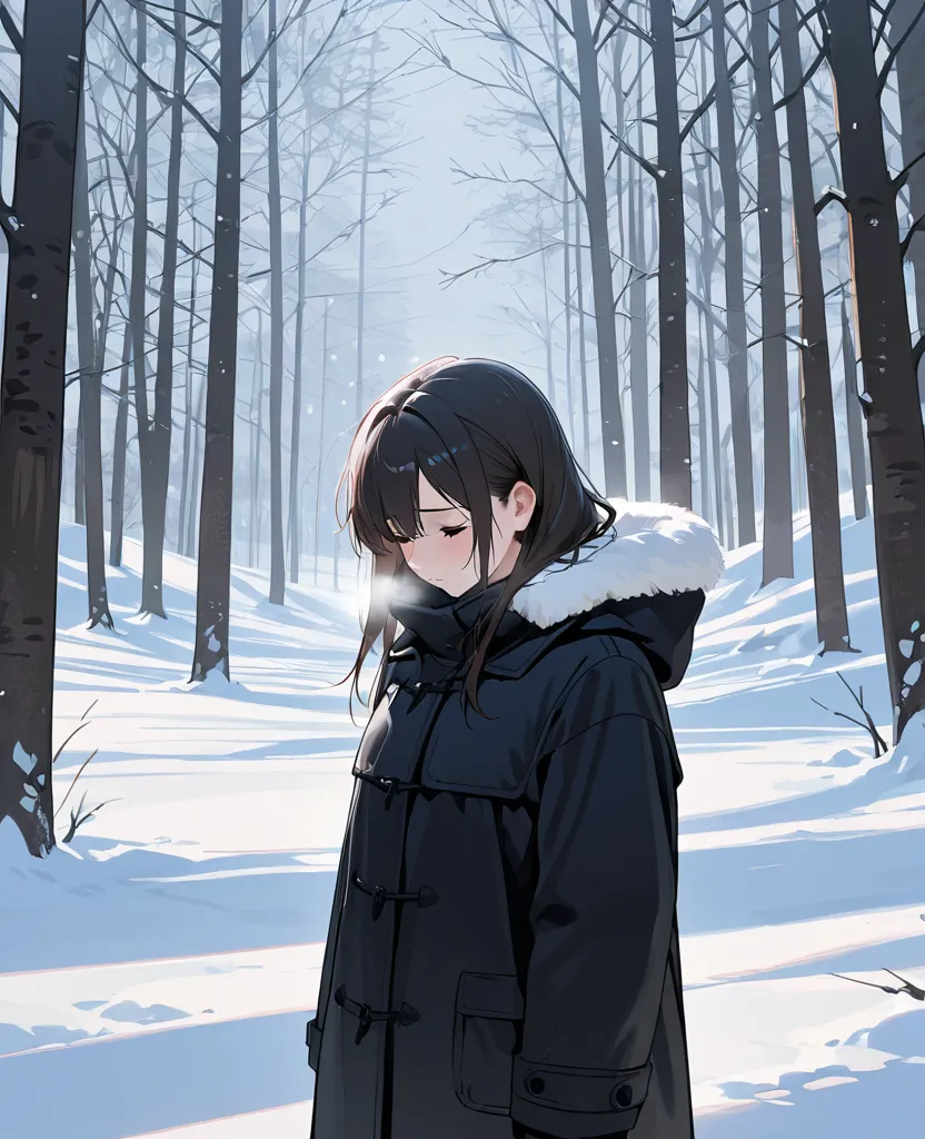 1girl, sad, in winter, standing, black coat, in front of, focus on character, snow fall