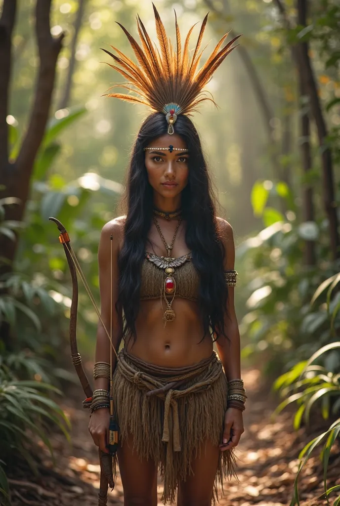 a hyperrealistic woman in a 4k image of light brown color, standing in a full-body frontal position, feet on the floor, wearing indigenous clothing, long black hair, with a feather headdress on her head, with Amazonian Indian painting on her face, bow and ...