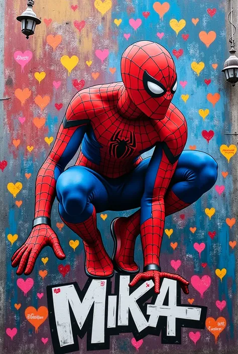 New York style wall, with Spiderman-style graffiti, wide networks, hearts,  The word  "Mashallah"  lower right , en medio  The word  "Mika"  with white color .