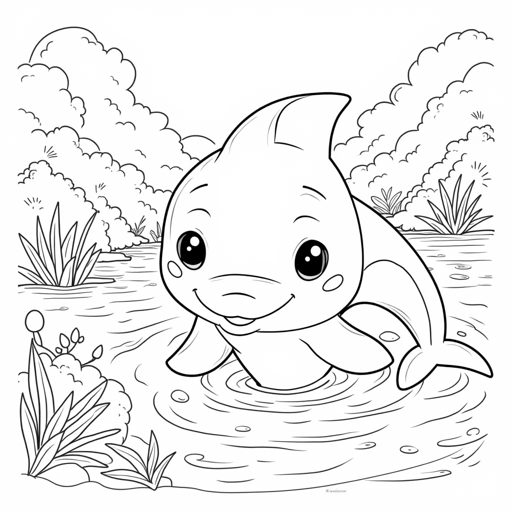 cute river dolphin coloring book page, bold black outlines