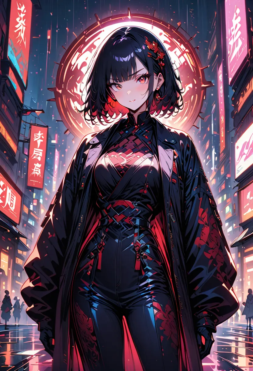 A striking anime-style woman with a gothic and Japanese fusion aesthetic, standing with confidence and poise. Her sleek bob hairstyle transitions from deep black at the roots to a vibrant red at the tips, framing her intense red eyes and alluring smirk. Sh...