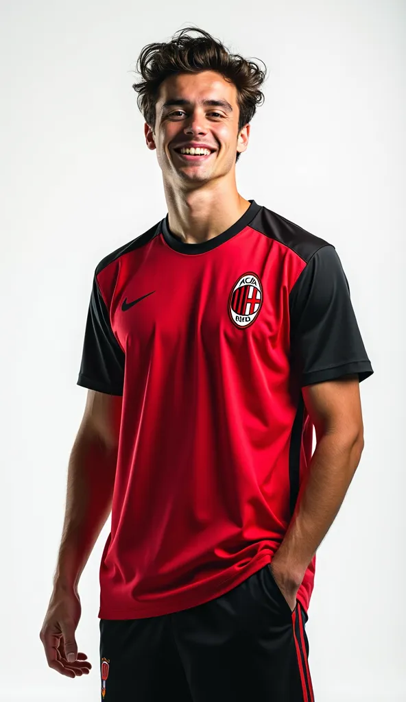 8K HD real photo. A 20-year-old black haired British man with a bright white smile wearing an AC MILAN jersey and black shorts. Photo pose standing facing the camera behind a national team supporter. Plain white photo background.