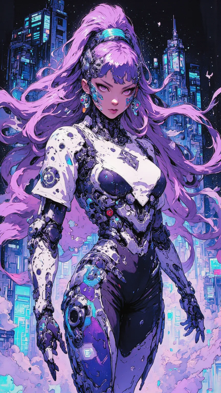 Half Robot Girl Full Body Purple White Gradient Hair Color，Super Fine Face Texture，big eyes，Flowing Long Hair， dynamic pose ，Cyberpunk City，細緻glow耳機， Tech Earrings ，glow髮飾，Long Hair Dye，glow耳環、Luminous Necklace、Mechanical lines、The Most Beautiful Woman of ...