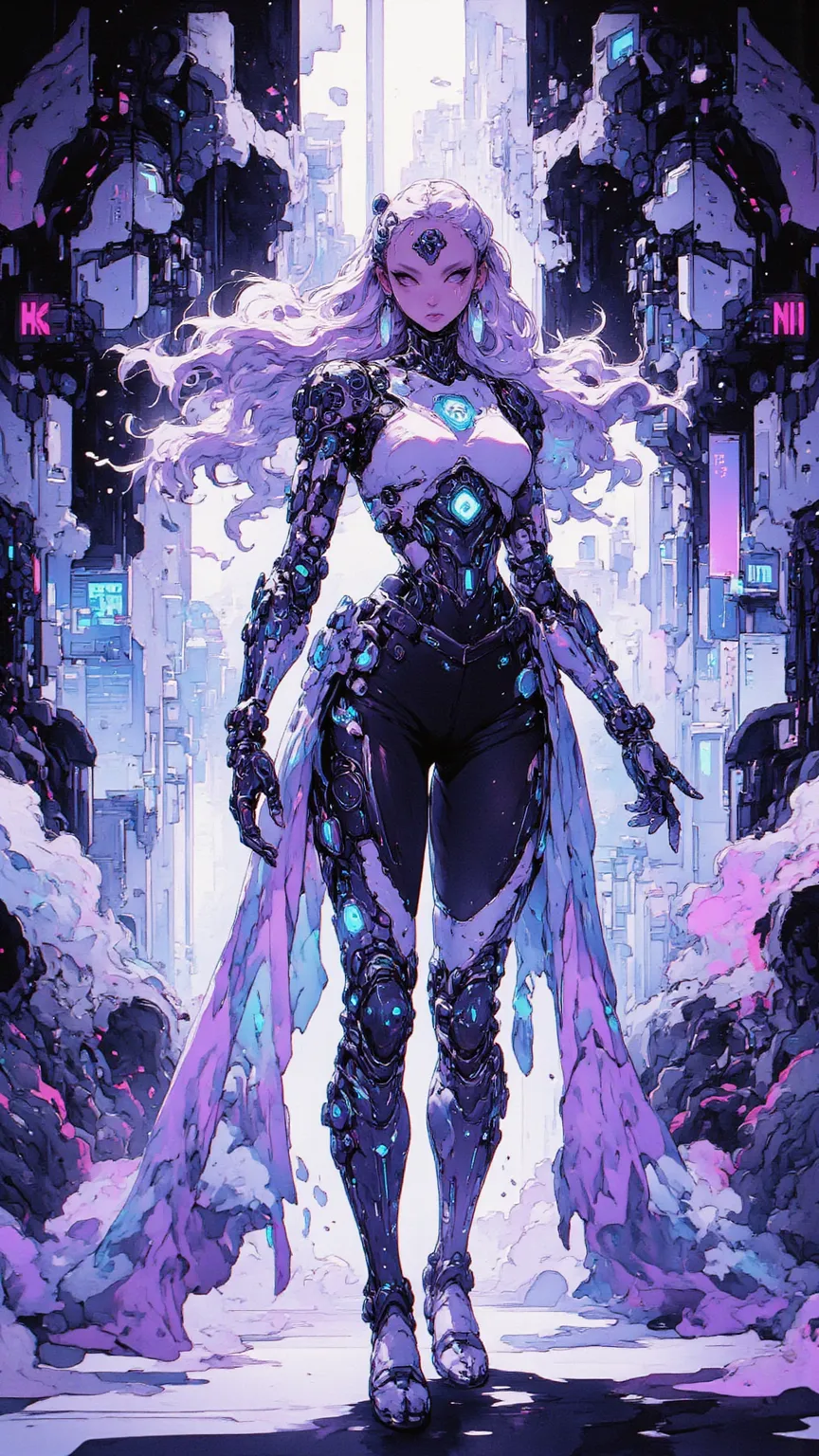 Half Robot Girl Full Body Purple White Gradient Hair Color，Super Fine Face Texture，big eyes，Flowing Long Hair， dynamic pose ，Cyberpunk City，細緻glow耳機， Tech Earrings ，glow髮飾，Long Hair Dye，glow耳環、Luminous Necklace、Mechanical lines、The Most Beautiful Woman of ...