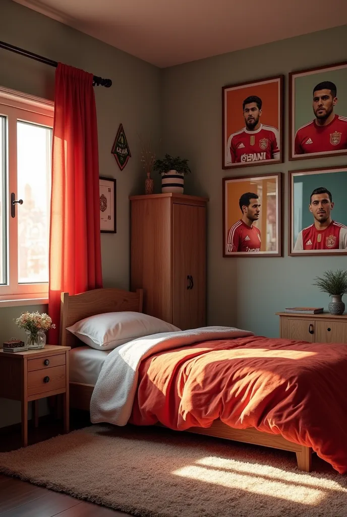 One bed single wardrobe Besiktas emblem carpet and curtains Draw a room like this with pictures of Quaresma pepe Süleyman Seba on the wall 