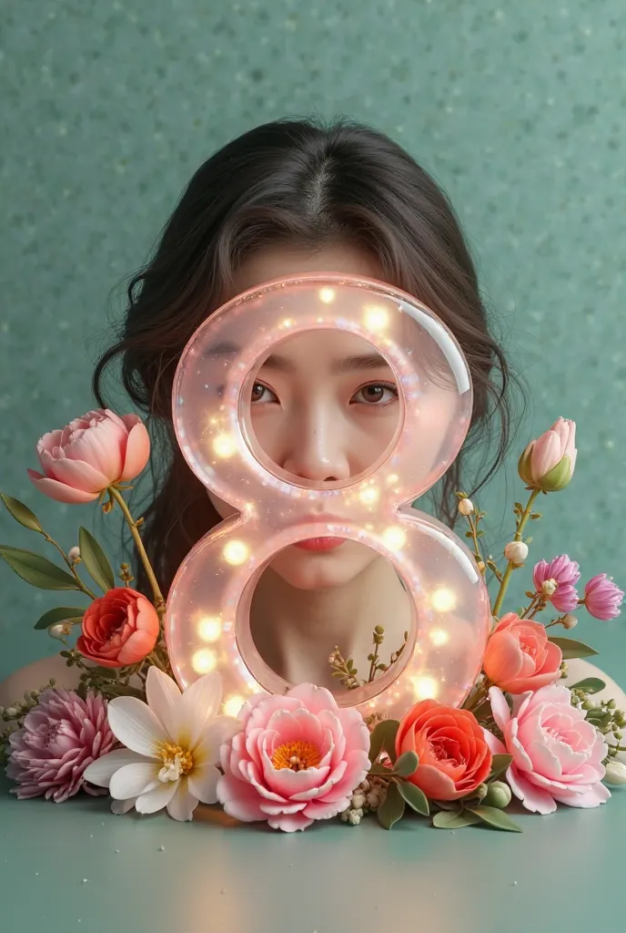 (surreal and vibrant cinematographic photograph of an ultra high definition digital greeting card, with a large number "8" of three-dimensional glass as a central element, majestically surrounded by an arrangement of elegant spring flowers with soft petals...