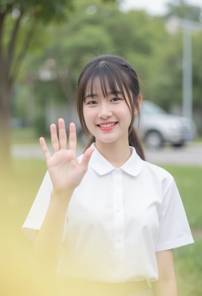 Thai high-school girl with blunt bang hair, tied in a low ponytail with a small navy ribbon. She wears a white school shirt, giving her a bright and youthful appearance. She is smiling warmly and waving towards the camera, as if greeting or saying goodbye....