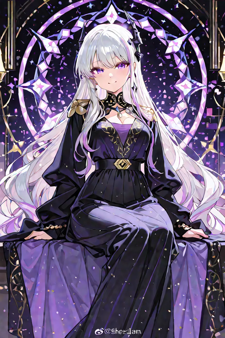 is a girl with an elegant and strong appearance, with long flowing silver hair with light purple highlights. She wears a long dress with a long robe that hides her shoulders with beautiful but quiet details that combine blue and black color with purple dec...