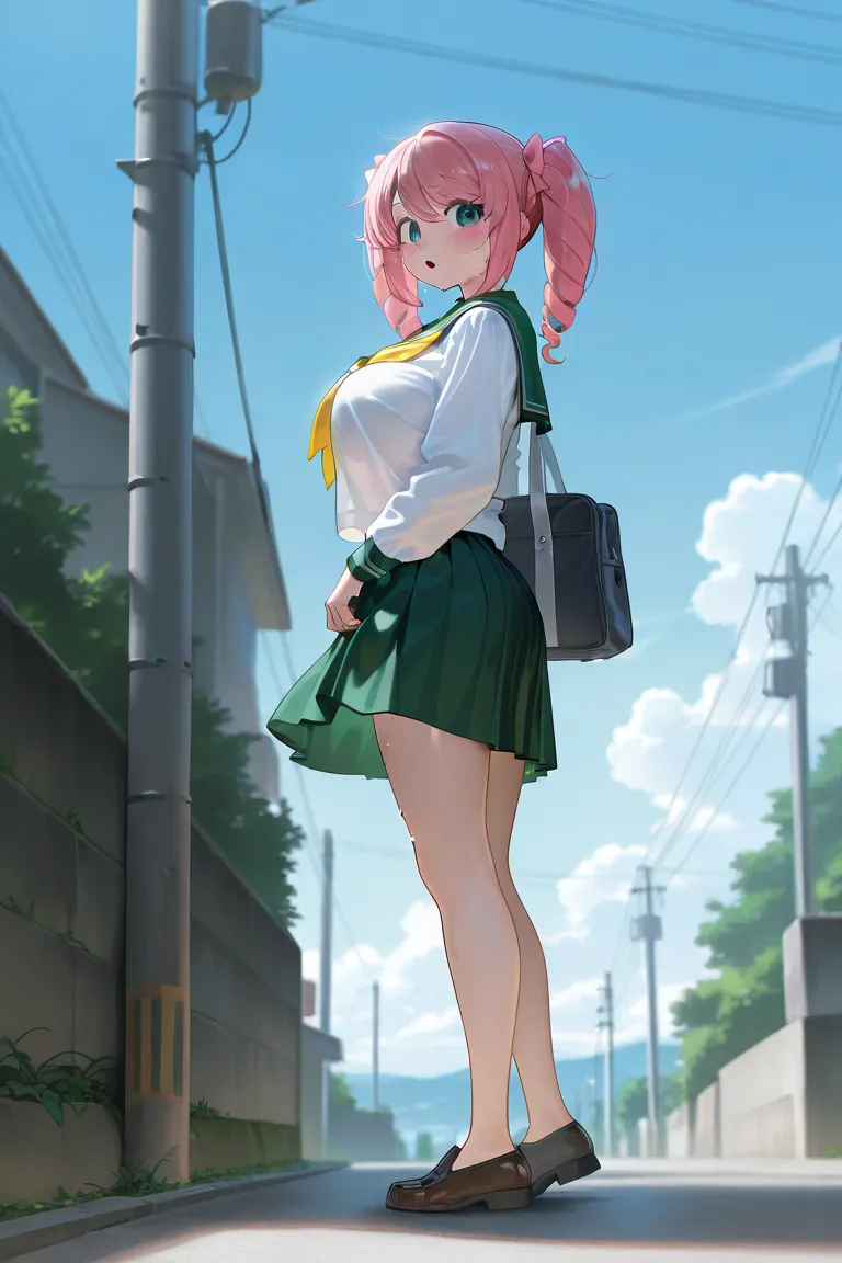 masterpiece, best quality, amazing quality, very aesthetic, absurdres,  newest, scenery, 
EBMagenta, 1girl, solo,  full body,long hair, looking at viewer,looking back at viewer, blush, smile, shirt, long sleeves, twintails,huge breasts, school uniform, gre...