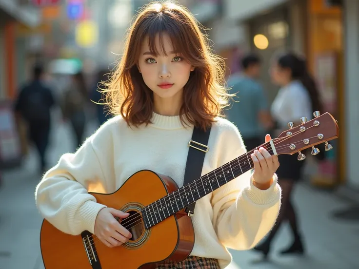 Ultra-realistic young Japanese female singer and musician, 18-20 years old, fair skin, striking green eyes. Her hair is medium-length, naturally brown with subtle reddish hues, slightly wavy. She wears casual but stylish Tokyo street fashion: an oversized ...