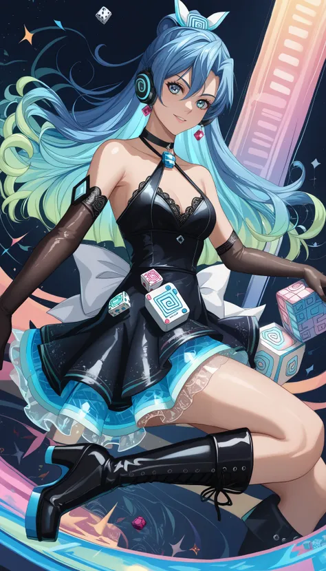 1 girl、kazanari_tsubasa、colorful holographic pattern one-piece dress, iridescent glow dress, vivid color dress,dirndle shaped bodice, lace-up on bodice, (colorful holographic pattern bodice),sleeveless, bare shoulders,black choker, cross halter neck,hologr...