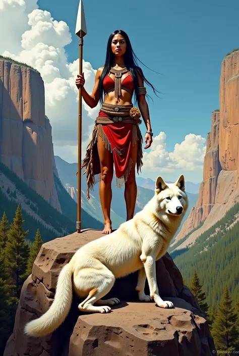 modern painting, Indigenous woman with a spear in her hand on a rock and a white wolf below