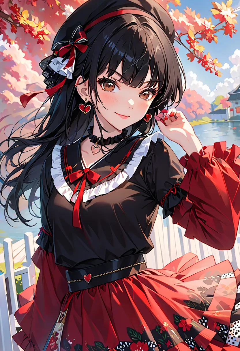  mayuzumi fuyuko , 1 girl, Alone,  black hair,  above Decorati has , jewelry, long hair, viewers, bungs, earrings, skirt, white black, smile,  shirt, Black, heart earrings, long sleeve, heart, black headwear, black  shirt, frilled choker, chest, brown eyes...