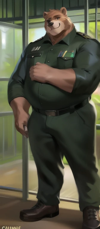 Solo, man big Tall,model tall, huge​ body,​standing, In zoo cages,bear , black green Army uniform,He had the rank of General., overweight, muscular, smirking, by chunie​