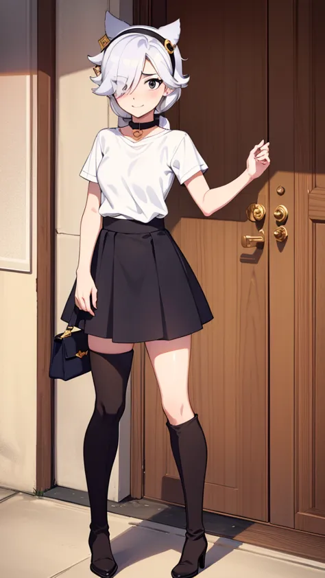 score_9, score_8_up, score_7_up, score_6_up, score_5_up, score_4_up, source_anime , colettetrixie, smile, small breast, light skin, blush, black eyes, hair over one eye, hairband, worth, white T shirt, black long skirt, tall heels, bonding thigh boots, hig...