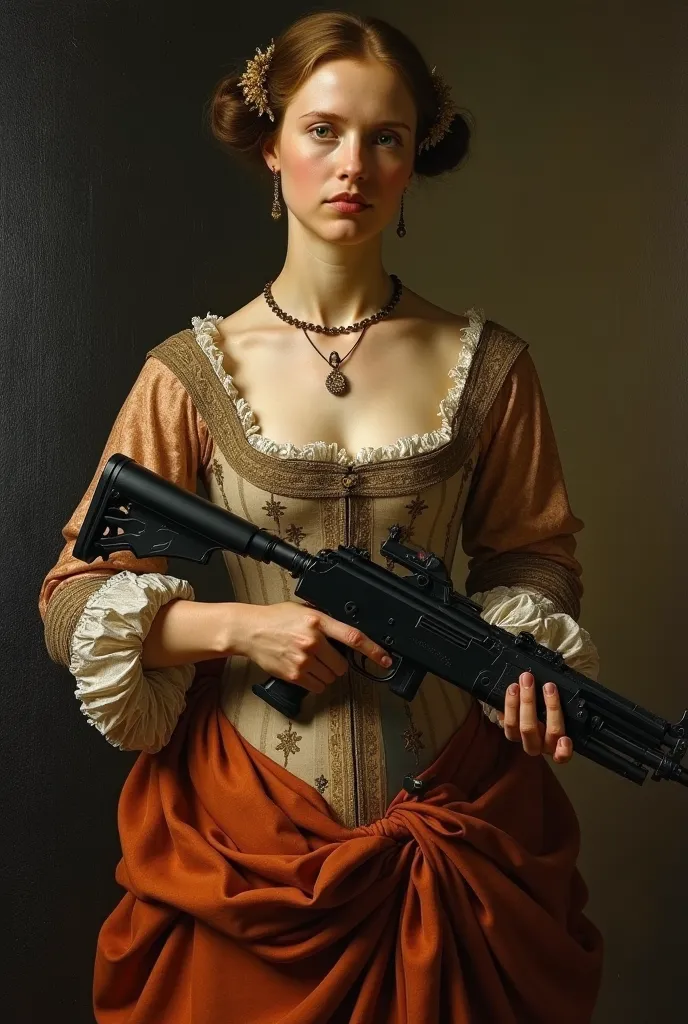 une peinture style renaissance. Representing the body of a woman holding a FAMAS (French army weapon). The woman is dressed in a 16th century style, With a neckline with tanned skin