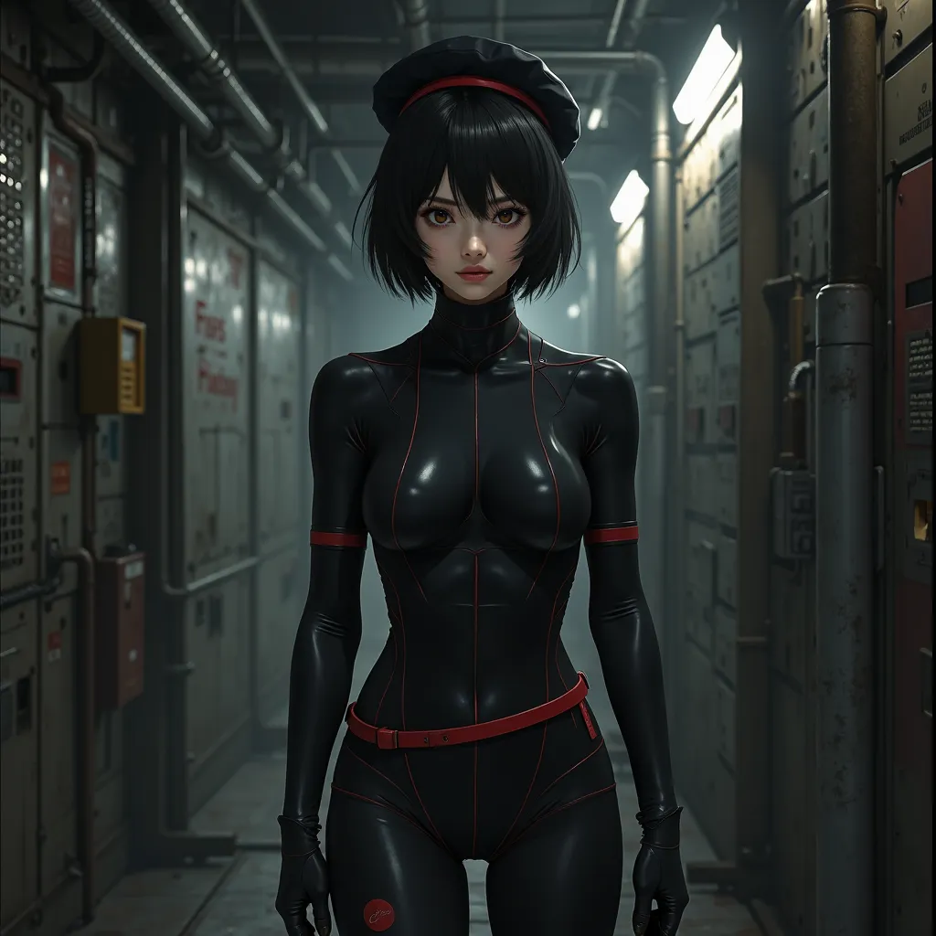 Japanese woman, Inside the secret base, short hair、 black leotard with long sleeves from top to bottom、black boots,  red belt, black gloves, Black Beret
