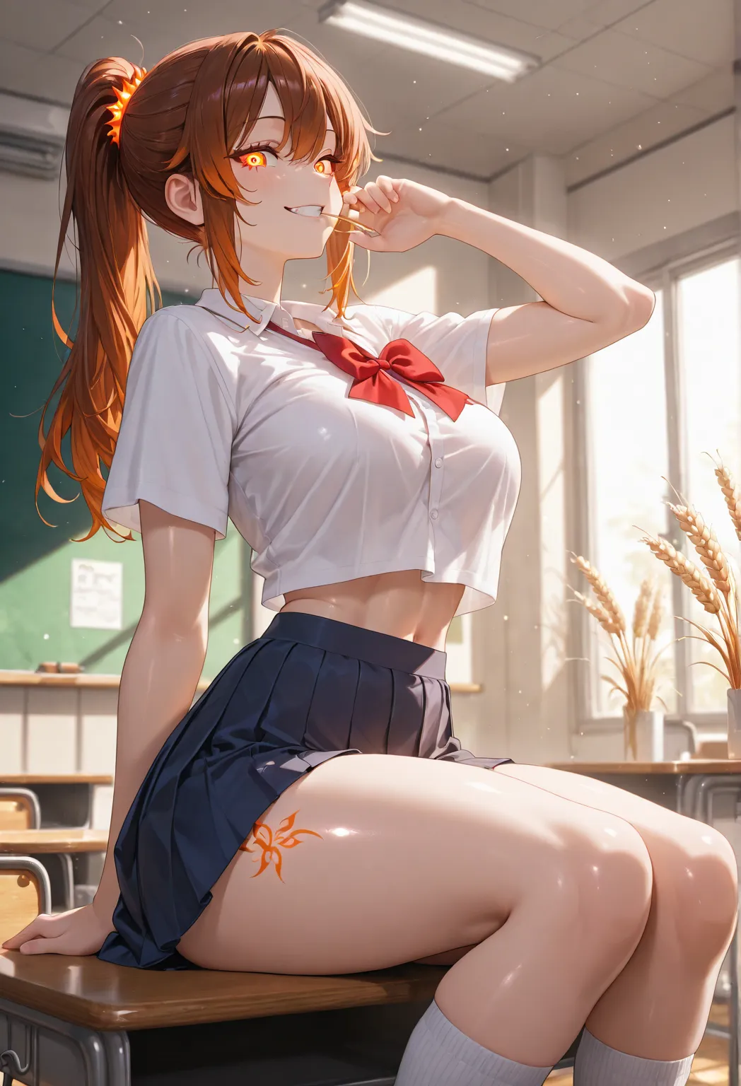  ponytail、uniform、high school girl、classrooms
Hair color is reddish brown（She looks orange in the light）
eyes、sharp, strong-willed eyes
Healthy, wheat-colored skin（I'm sunburned 、has slight burn marks）、smile、school-designated shirt＋pleated skirt、Skirts are...