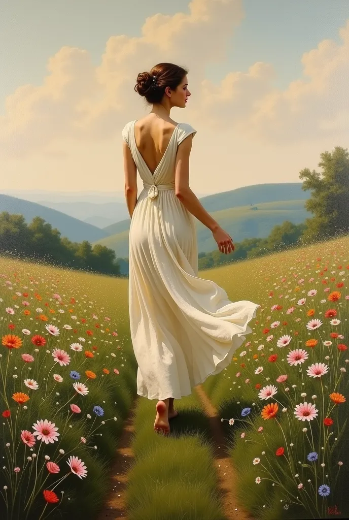 old painting, Woman and walking through a flowery field