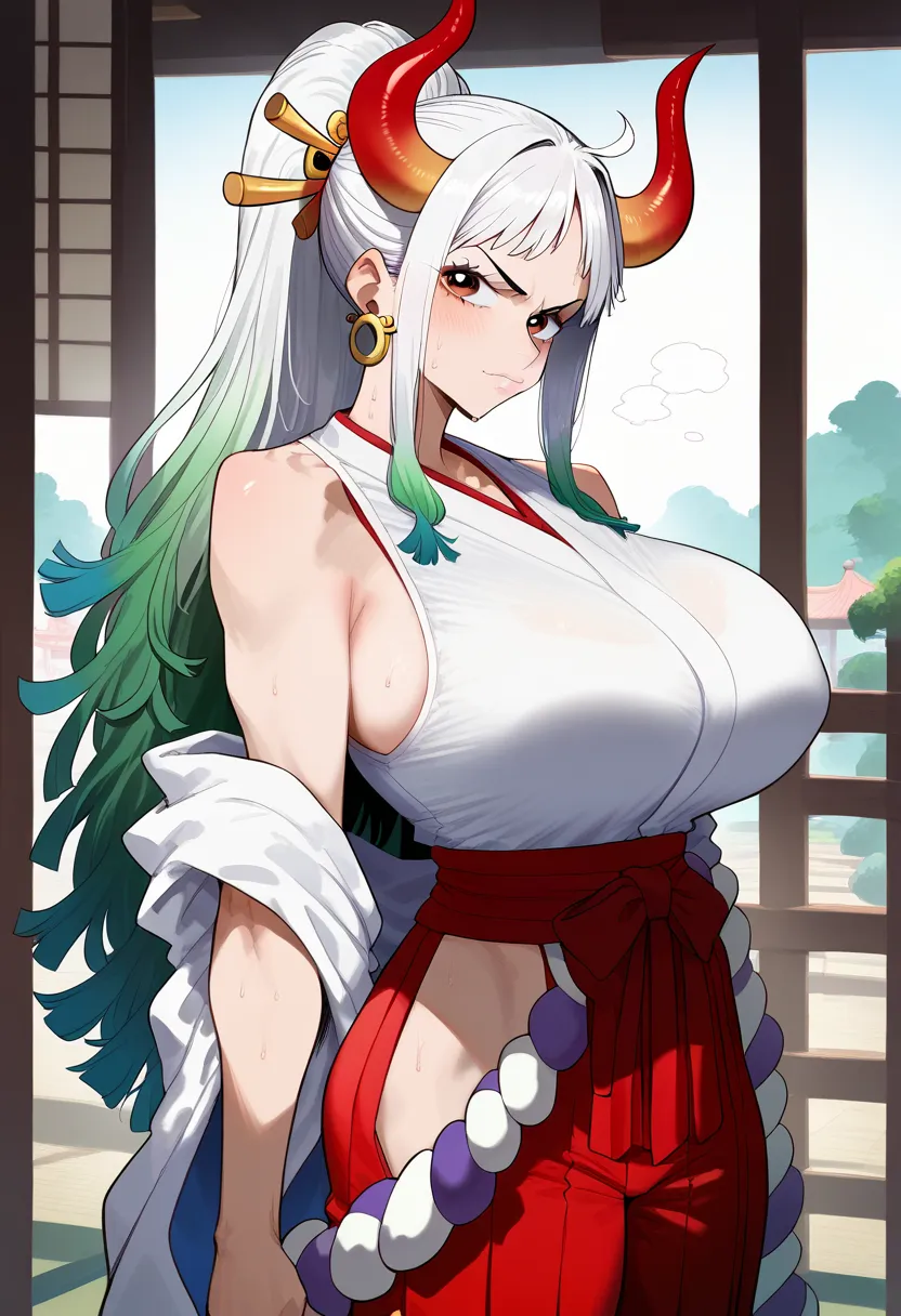 Hyper realistic, Yamato,Yamato (one piece), white hair, brown eyes, horns, green hair, grey hair, hair ornament, high ponytail, long hair, multicolored hair, multicolored horns, red horns, sidelocks, bare arms, bare shoulders, red hakama, japanese clothes,...