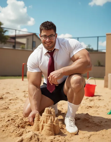 Masterpiece, Accurate, Award Winning, Best Quality, Extremely Detailed, 8K, HD, Super-Resolution, Realistic Textured Hair and Skin, ultra-photorealistic. A ((tall, very muscular man)) with ((short spiky brown hair, thick-framed glasses, and a strong jawlin...
