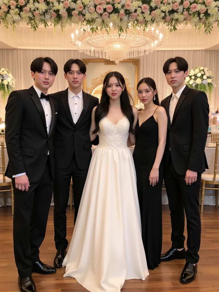 Five vibrant young Koreans in their 20s - a stunning bride and groom, flanked by their two handsome brothers and their elegant sister - stand together in a radiant portrait at a lavish wedding reception.   All five are dressed in exquisite attire,  their r...