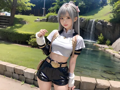 Hardcore Idol Girl、、Stone Armor Shorts Costume、、、    good style、full body、、Shiny belt、、Light grey hair、quarry