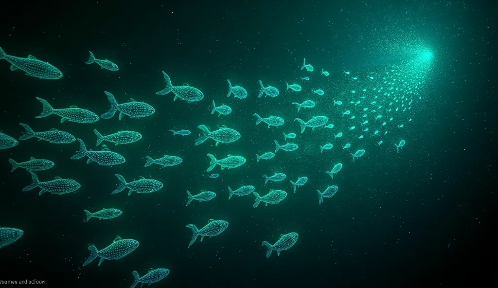 A school of bioluminescent fish illuminating the darkness of the sea with their radiant colors.