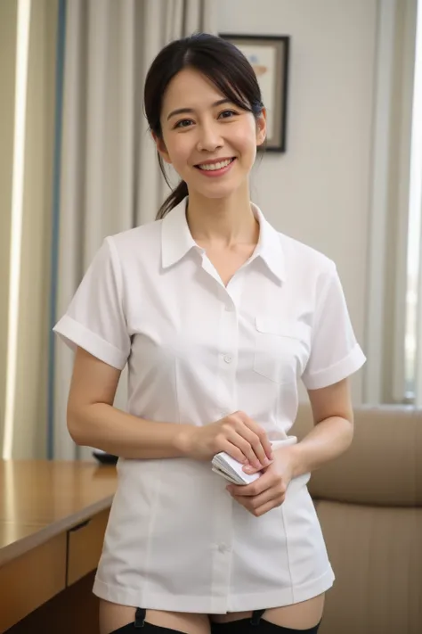 full body photo of an elegant 50-year-old Japanese woman, kind smile、(Facial wrinkles、 nasolabial fold:0.3)、Middle-aged appearance ,  front view、The short white nurse uniform that shows the belly button is rolled up and the black lace panties are visible、I...