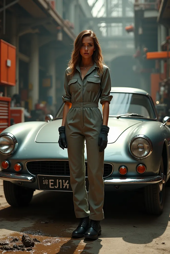 An image 9:16 , With a woman in a jumpsuit and car from Peigeot in a workshop colors and details in gray and orange.