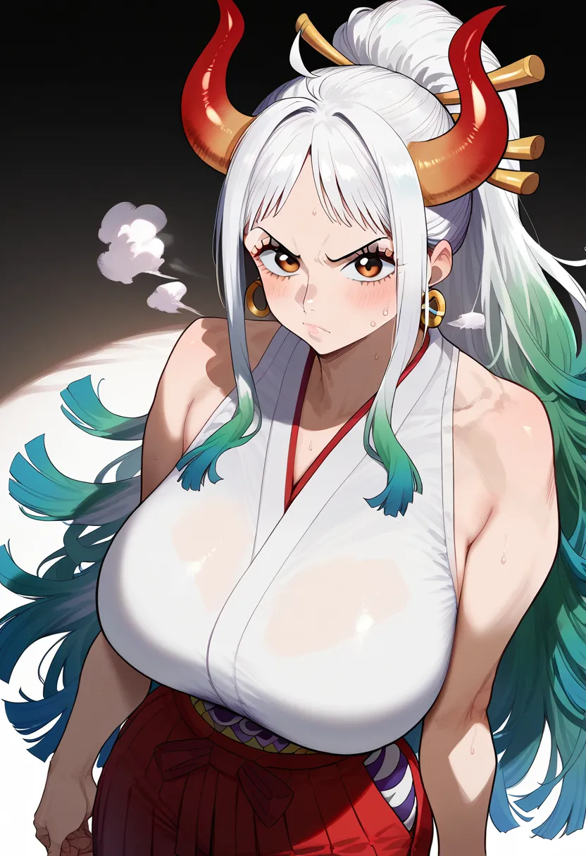 Hyper realistic, Yamato,Yamato (one piece), white hair, brown eyes, horns, green hair, grey hair, hair ornament, high ponytail, long hair, multicolored hair, multicolored horns, red horns, sidelocks, bare arms, bare shoulders, red hakama, japanese clothes,...