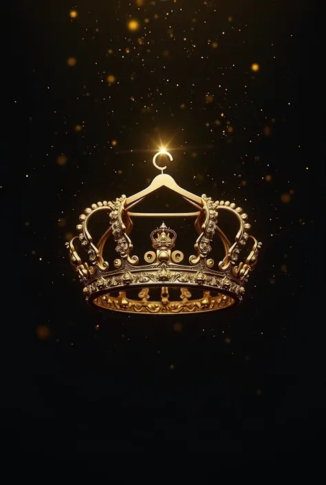 An ultra-slim metallic gold crown, com traços refineds, where the crown bows are subtly integrated with the Queen of Cups and Queen of Golds cards,  representing power , strategy and wealth. in the center of the crown, a minimalist hanger suspended in gold...