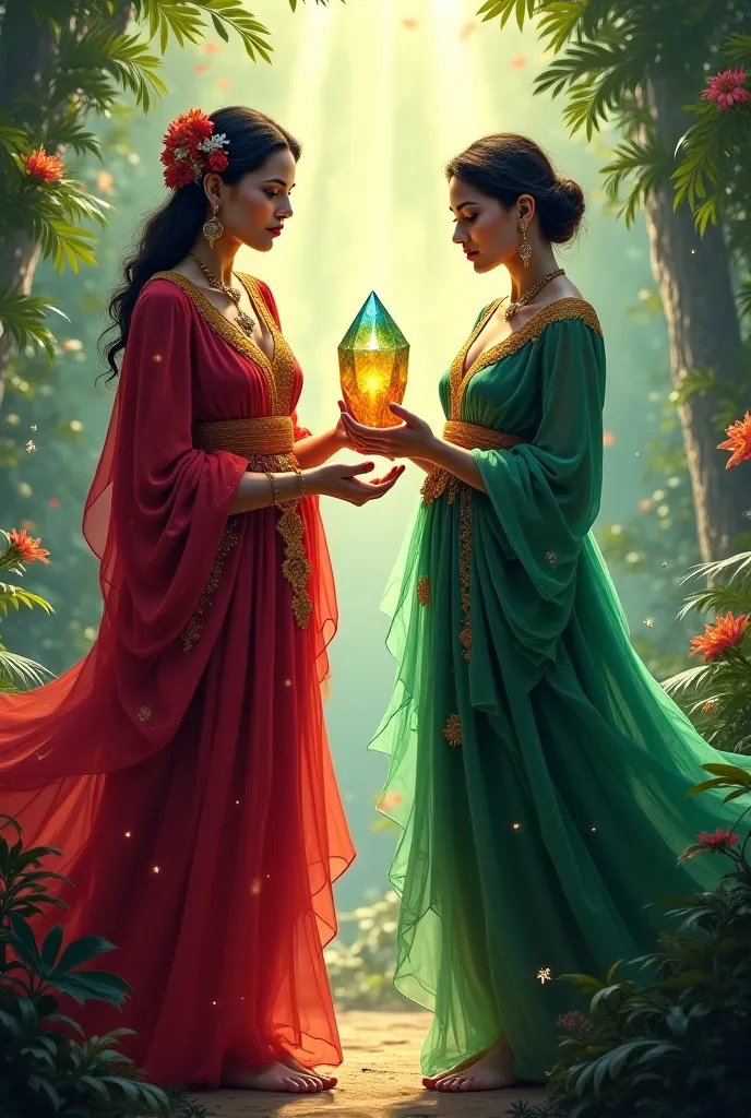 Image of Dona Padilha all in red together with Dona Esmeralda all in green holding crystal 