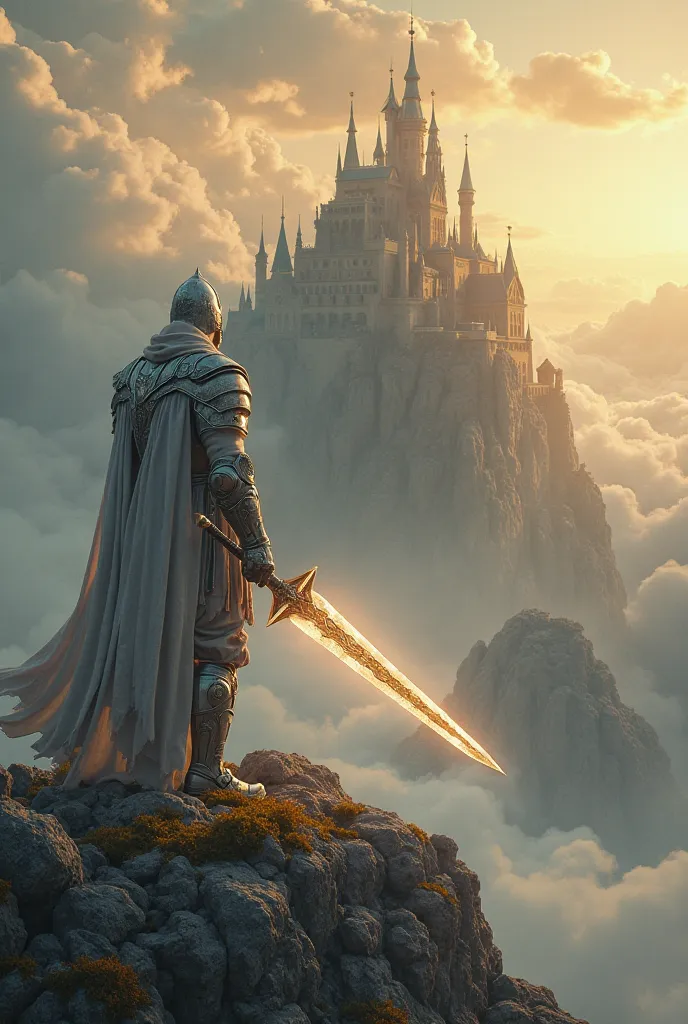 "A powerful warrior in silver armor stands on a mountain peak, holding a glowing sword. Behind him, a mystical castle floats in the sky, surrounded by swirling clouds. The scene is bathed in golden sunlight, with a dramatic, cinematic atmosphere. Ultra-det...