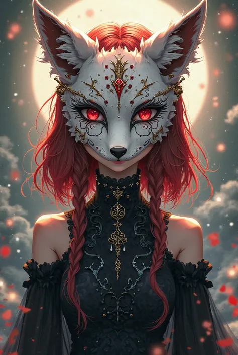 An anime-style girl with a fox mask that hides her entire face the fox mask has white colors with red or gold details.  She has dark red hair and a black gothic dress

