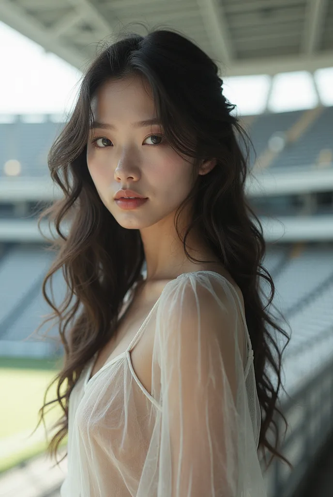 Beautiful girl with wavy long hair in a transparent dress at the stadium chick close-up
