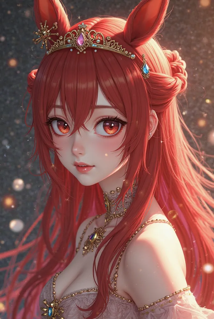 Beautiful red haired woman, elegant expression, 、long hair, anime style　Horse ears on the head　sling、tiara、Tie two knots on the side of the head