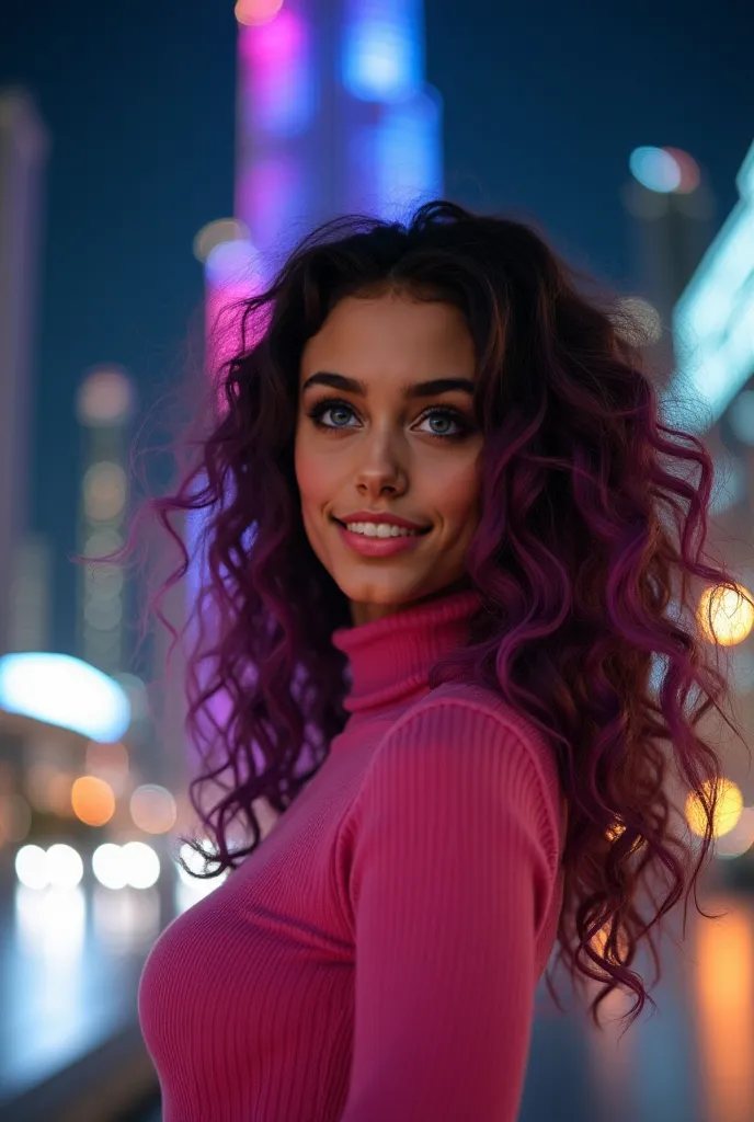  "Portrait of a brunette digital influencer with hazel green eyes,  showing a captivating smile . Her curly and long hair is predominantly pink, sweater adorned with vibrant purple locks that highlight your bold personality. Are you standing at the foot of...