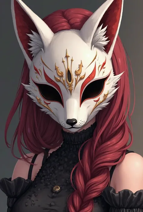 An anime-style girl with a fox mask that hides her entire face the fox mask has white colors with red or gold details the eyes of the mask are totally black,  She has dark red hair and a black gothic dress

