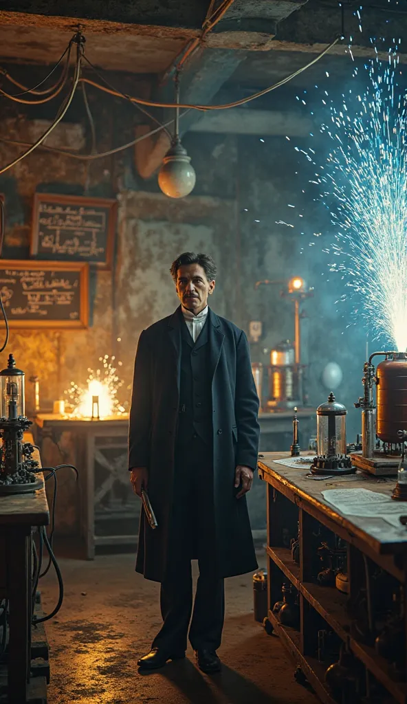 "Nikola Tesla standing in his laboratory, wearing a long coat and holding a scientific instrument. The room is filled with Tesla coils emitting blue electric sparks, wooden tables cluttered with blueprints, vacuum tubes, and various scientific tools. The a...