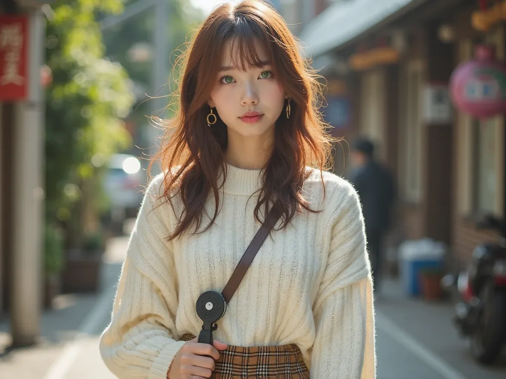 Ultra-realistic young Japanese female singer and musician, 18-20 years old, fair skin, striking green eyes. Her hair is medium-length, naturally brown with subtle reddish hues, slightly wavy. She wears casual but stylish Tokyo street fashion: an oversized ...