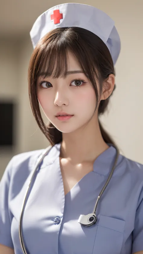 (masterpiece、(High resolution、8k:1.3)、(Highest quality、Ultra-realistic as a photo)、Sharp focus, shinny skin, High quality and shinny skin、Japanese Girl, nurse、white nurse uniform、very cute、Glossy Lips, blush:1.3, Embarrassed:1.3, (close up on face:1.2), K-...