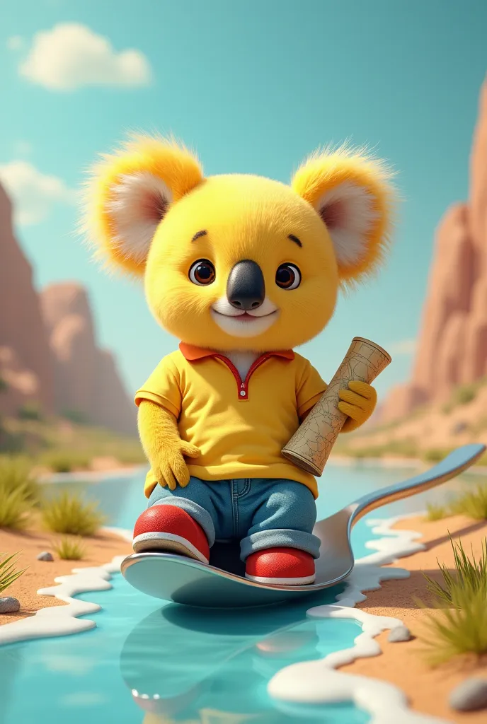 yellow koala wearing pastel yellow T-shirt, blue jeans, and red shoes and holding a rolled map, sliding in a big silver spoon on a milk river