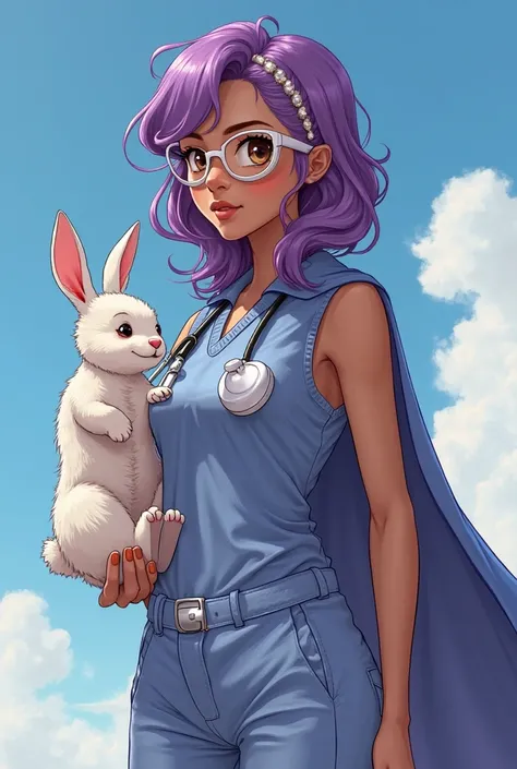 a tall woman, Let her be a caregiver,  veterinary , purple hair with blond highlights, with a cape, with white glasses, That he has a rabbit and a dog,  large brown eyes , brown skin and blue sky in the background