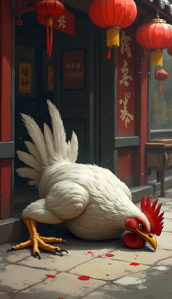 The samurai chicken head with an athletic build is dying pose lying down at outside of chinesee restaurant