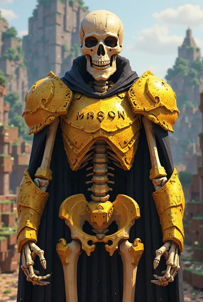 A Minecraft skeleton with golden armor that says “mason”